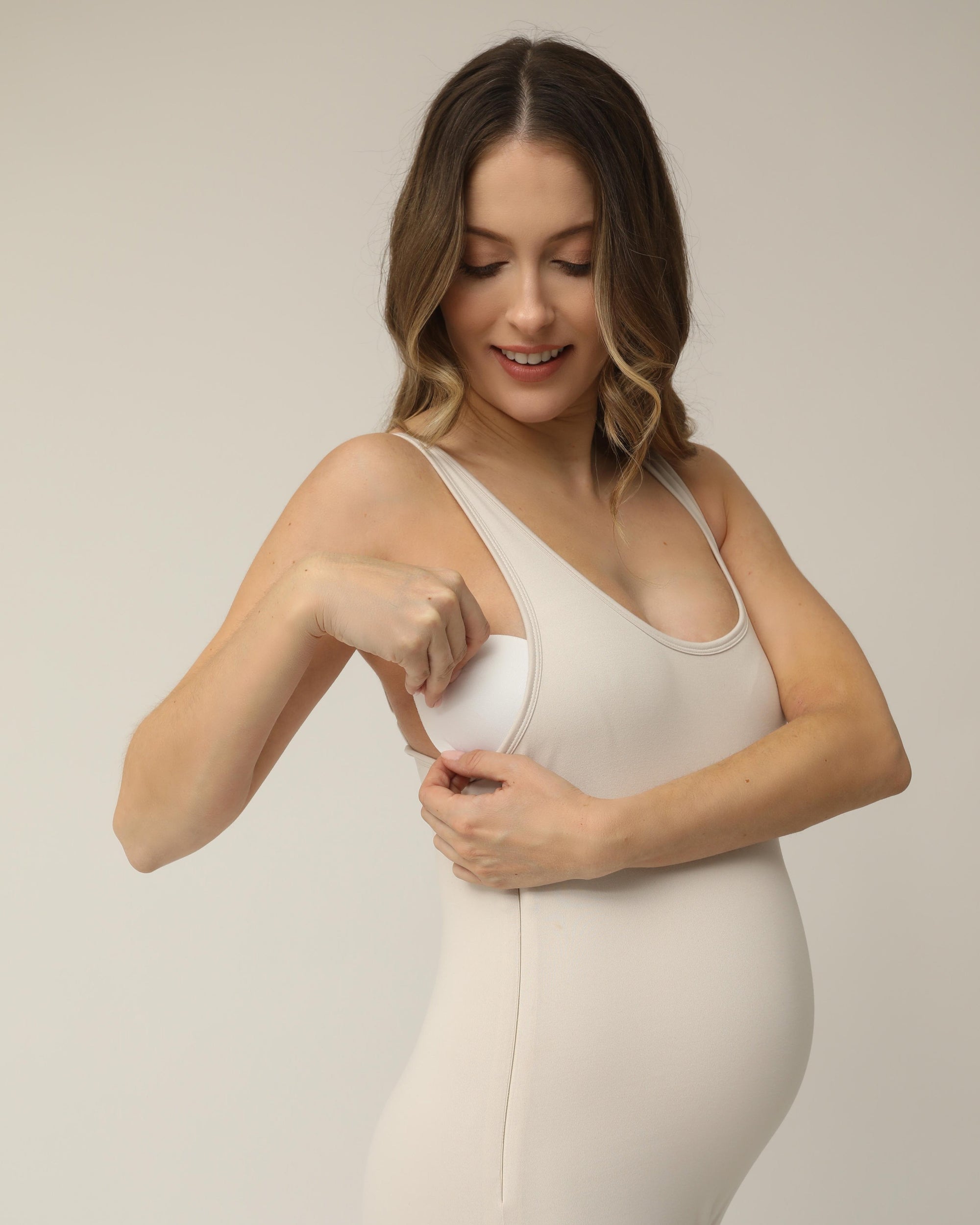 STRETCHSUIT™ Maternity Jumpsuit with Built-In Bra Support - Oat